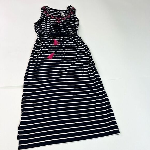 Talbots Maxi Dress Womens 2X Navy Blue White Striped Embroidered Tassel Belt new - Picture 1 of 14